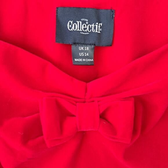 Collectif x Modcloth Retro Red Velvet Top Puff Sleeve Bow Size 14 Holiday Xmas - Picture 4 of 9